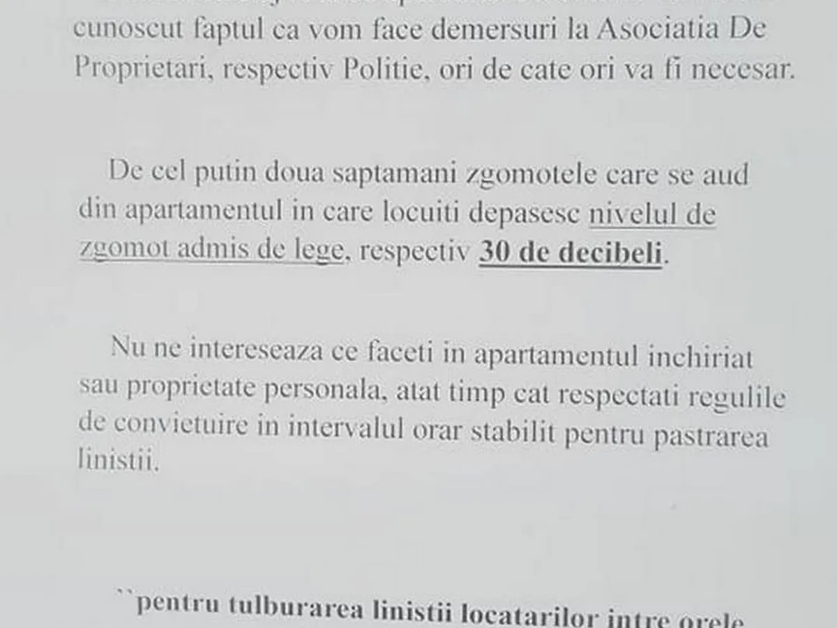 Avertismentul vecinilor pentru un videochat: Zgomotele din apartament depășesc 30 de decibeli. - Foto: Facebook/Asociatii de proprietari din Romania