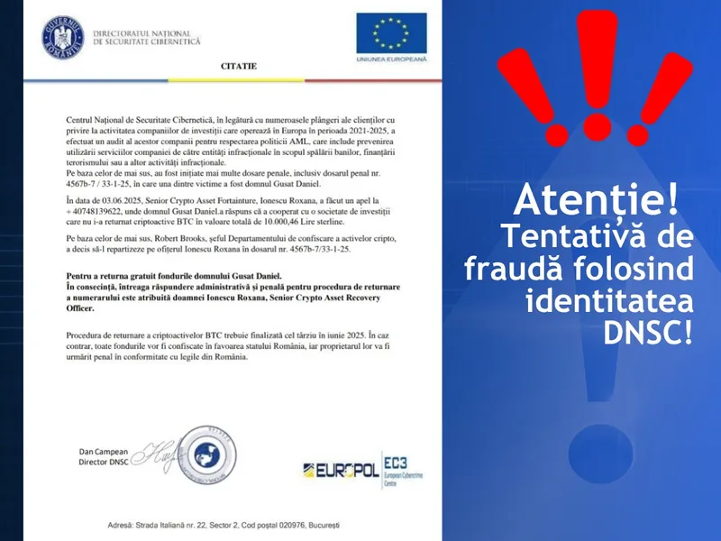 Tentativă de fraudă folosind identitatea DNSC. Nu divulgați informații personale sau bancare! - FOTOÖ DNSC