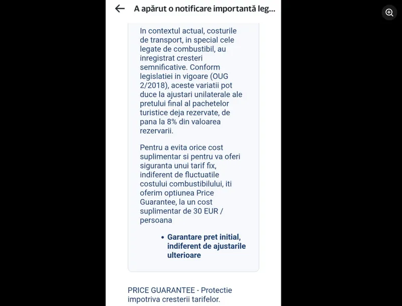 Notificare &bdquo;Cost protect&rdquo; vacanță - Foto: Facebook / Vacante sub 500