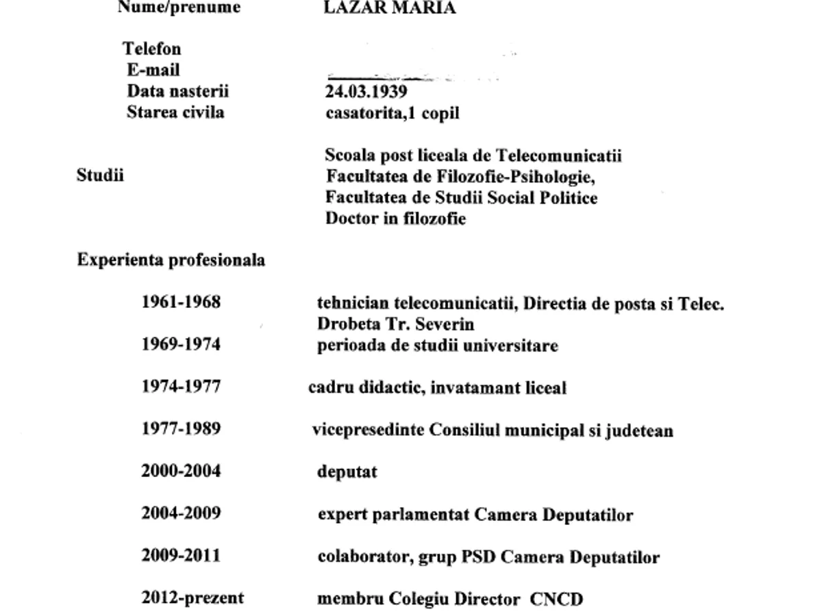 Fragment din CV-ul Mariei Lazar