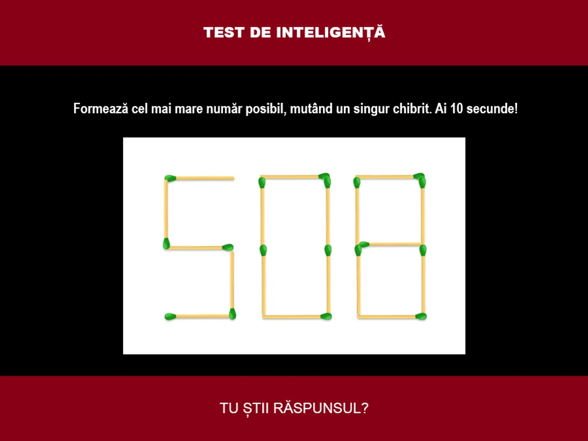 TEST DE INTELIGENȚĂ Formează cel mai mare număr posibil, mutând un singur chibrit. Ai 10 secunde - Foto: Colaj Newsweek / mindyourlogic.com