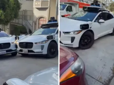 Două taxiuri autonome s-au bușit între ele, un al treilea a oprit și toate trei au blocat total o stradă - Foto: captură video