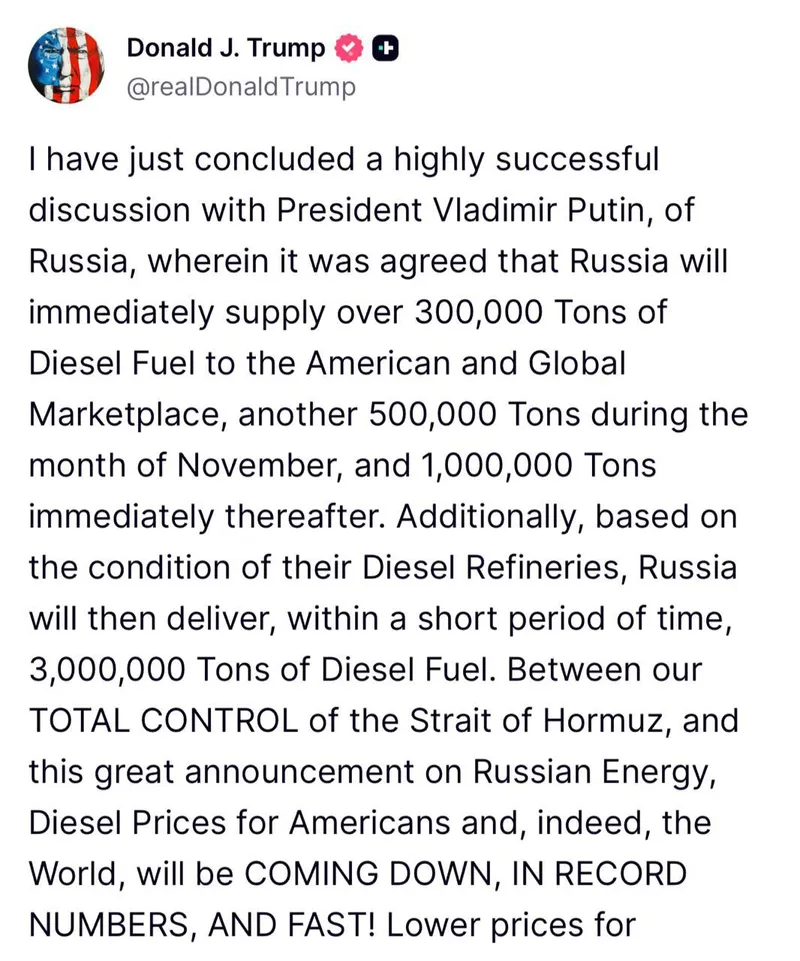 Trump a bătut palma cu Putin pentru 4.000.000.000 tone de motorină - Truth Social