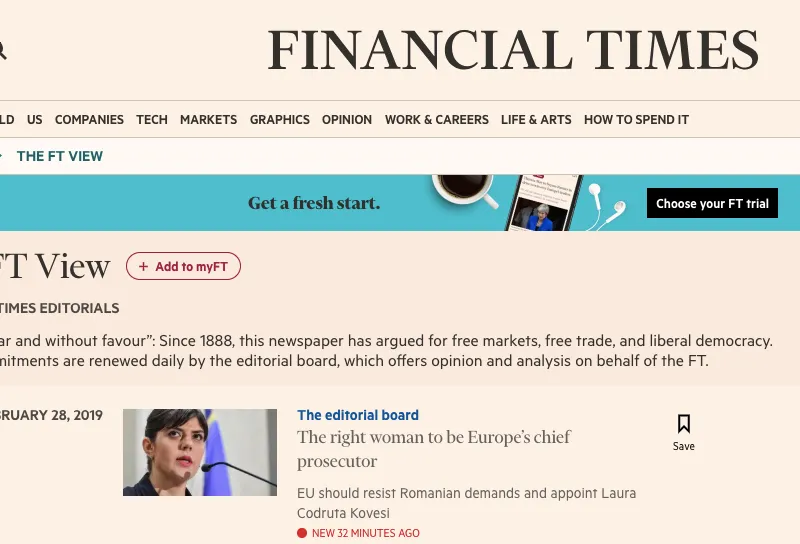 Financial Times, susținere totală pentru Kovesi/FOTO: ft.com