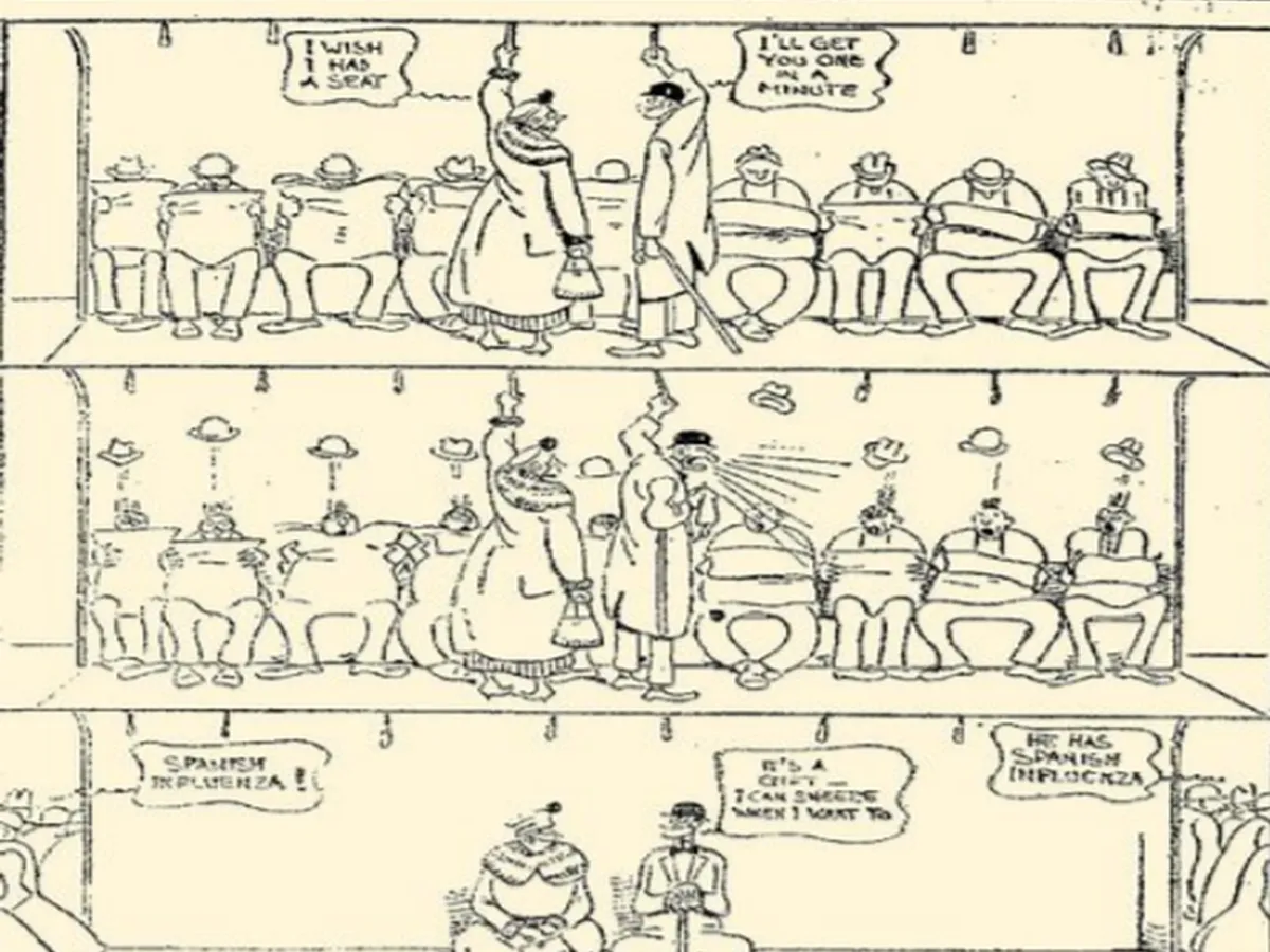 Caricatură apărută în 1918, în New York. Captură din studiul Quarantine humour as a coping mechanism