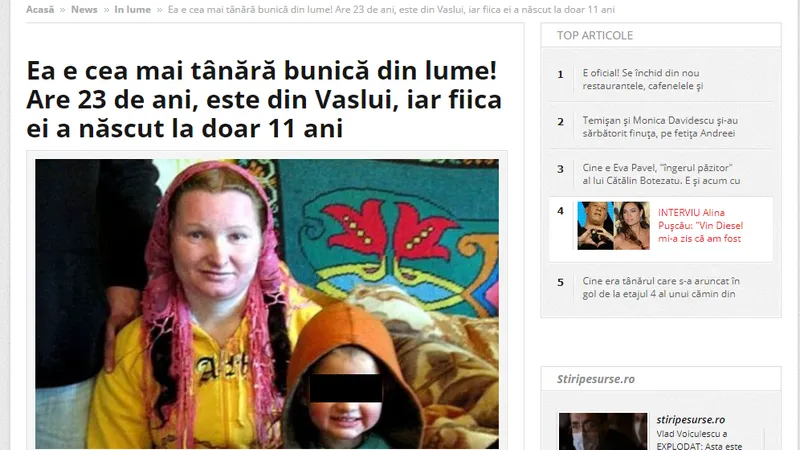 O știre s-a viralizat în weekend, despre o femeie din Vaslui care ar fi devenit, la 23 de ani, cea mai tânără bunică din lume