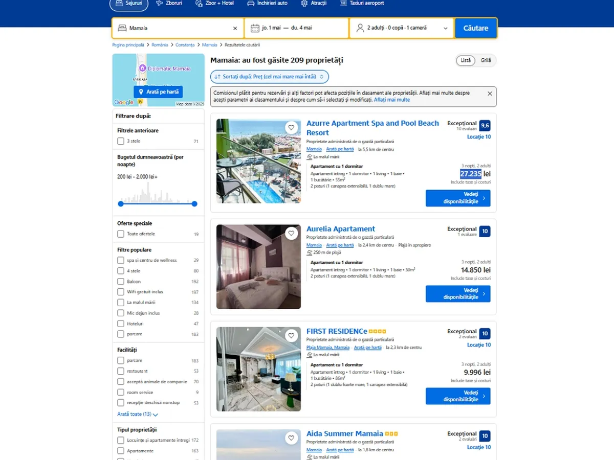 Vacanță last-minute de 1 Mai pe Litoral? În Mamaia, te poate costa și 5.500 € doar cazarea - Foto: captură ecran Booking