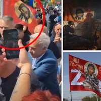 Călin Georgescu, întâmpinat cu steagul invaziei ruse la IPJ Ilfov. Miting pro-rus în fața Poliției - Foto: Colaj Newsweek