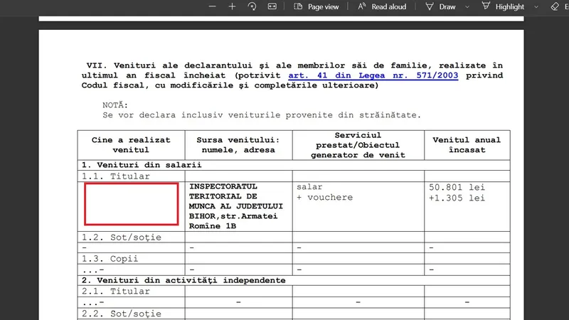 Anonimizarea numelui inspectorului de muncă. Captură foto pe site-ul ITM Bihor