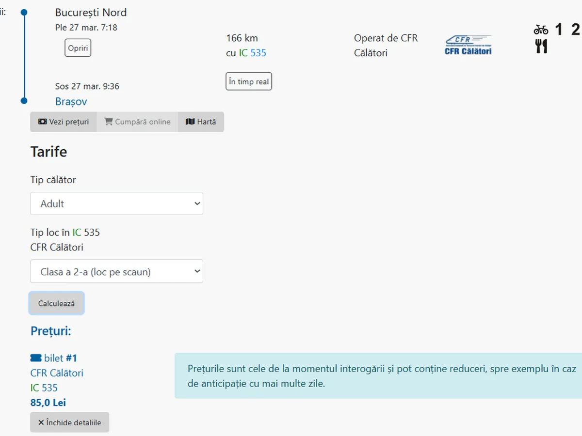 Preț tren București - Brașov - Foto: captură ecran