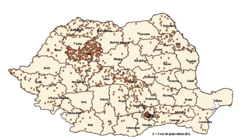 Harta cazurilor de îmbolnăvire cu virus gripa. Sursa: Institutul Național de Sănătate Publică