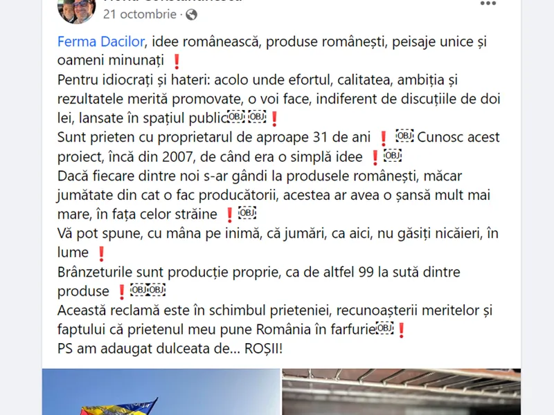 Șeful Proecției Consumatorilor. Horia Constantinescu, lăuda pensiunea Ferma Dacilor, în octombrie Foto: Facebook/ Horia Constantinescu