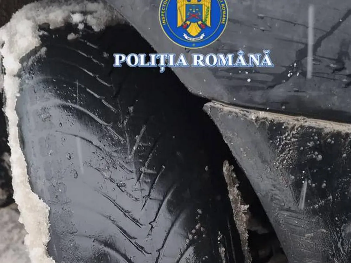 FOTO Cu ce cauciucuri de iarnă a plecat un român la drum! Mașina imobilizată de poliție, amendă 1.800 lei