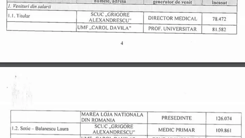 Fragment din declarația de avere a medicului Radu Bălănescu, șeful Marii Loji Naționale din România