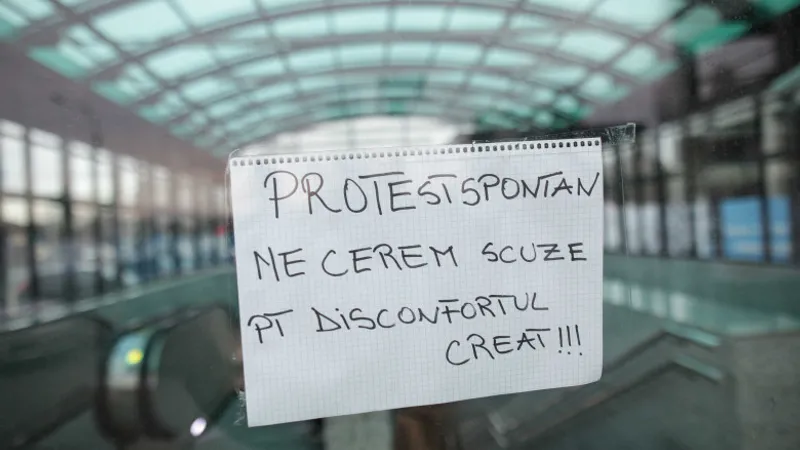 Circulaţia trenurilor de metrou a fost perturbată vineri dimineaţa de un protest spontan al unor reprezentanţi ai sindicatului USLM în staţia Piaţa Unirii. / FOTO: INQUAM PHOTOS - Octav Ganea