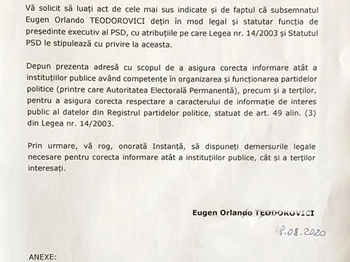 Cererea trimisă de Teodorovici instanței. FOTO: Facebook