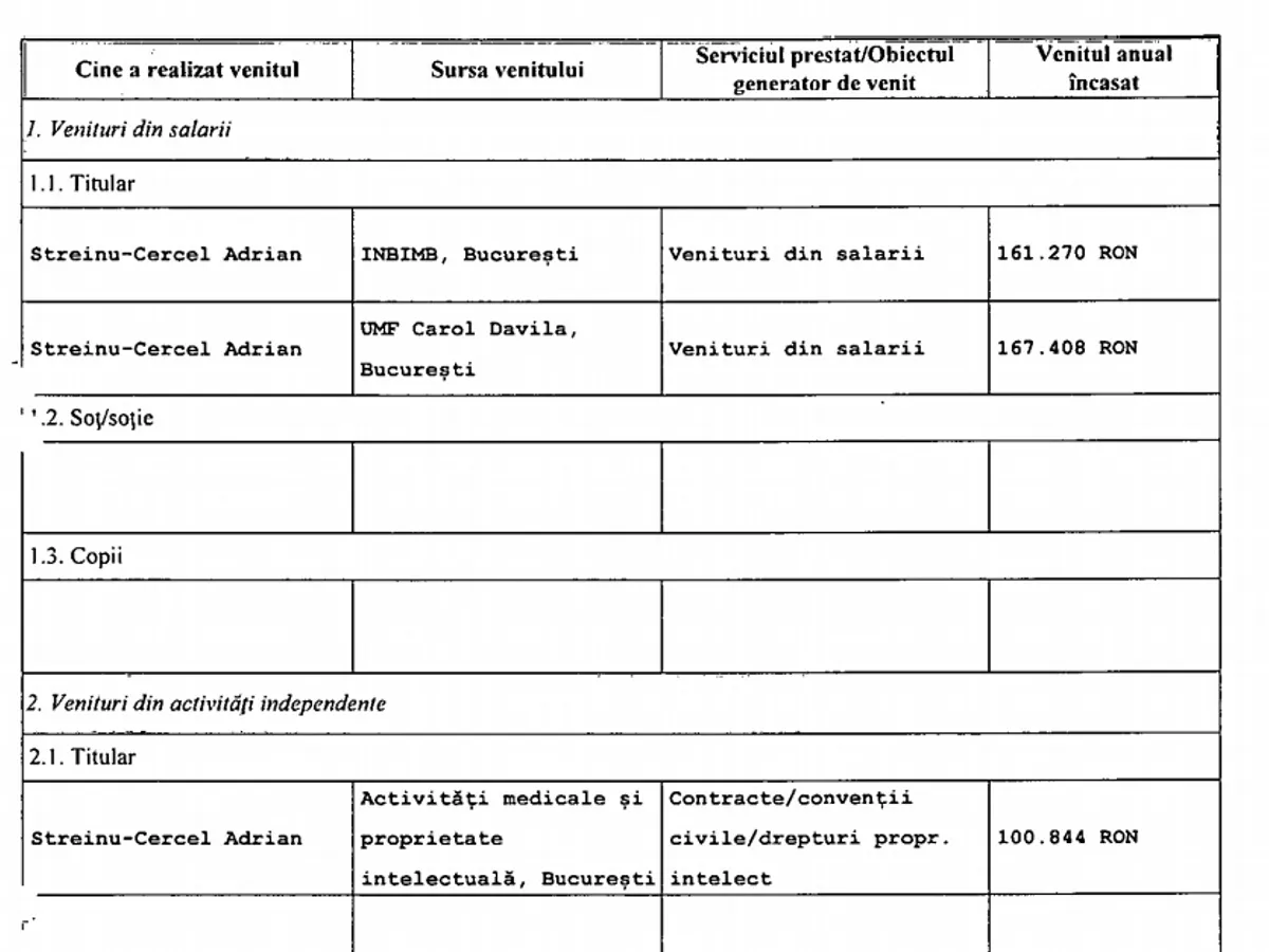 Sursa: Declarația de avere a lui Adrian Streinu-Cercel. Sursa: ANI