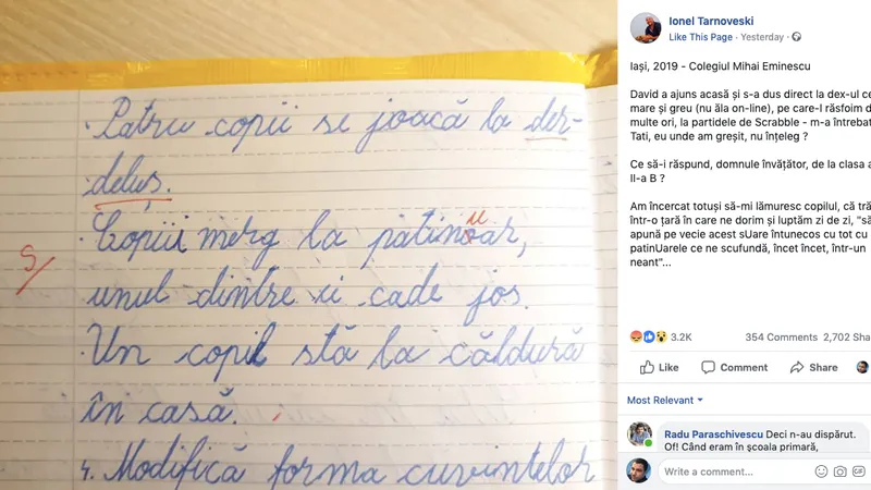 Lucrarea corectată aberant de învățător a ajuns subiect național/FOTO: Facebook.com