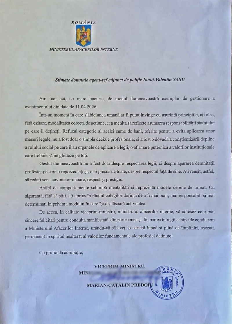 Mesaj de mulțumire - Foto: MAI