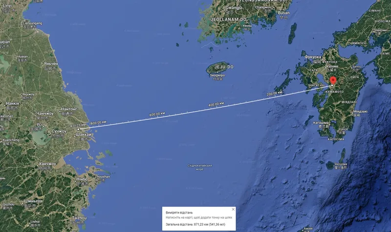 Distanța de la centrul orașului Kumamoto (Japonia) p&acirc;nă la orașul chinezesc Shanghai - Foto: Google Maps