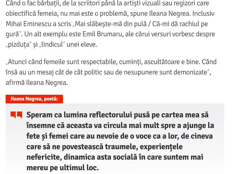 Captură din textul apărut în ziarul Liberatatea cu pasajele despre Eminescu și Brumaru pe care Ileana Negrea spune că nu i-a pomenit Foto: libertatea.ro