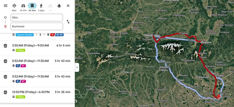 Drumul cu trenul București - Sibiu - Foto: captură Google Maps