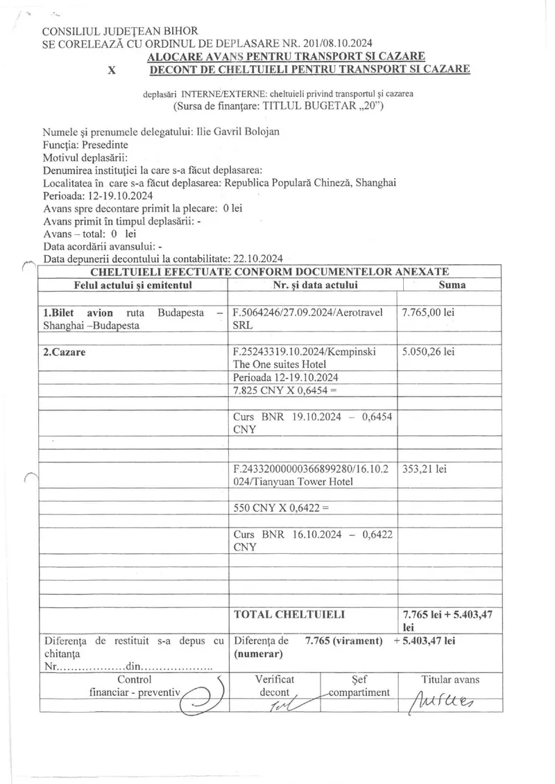 Dispozitie plata Ilie Bolojan deplasare China pg6