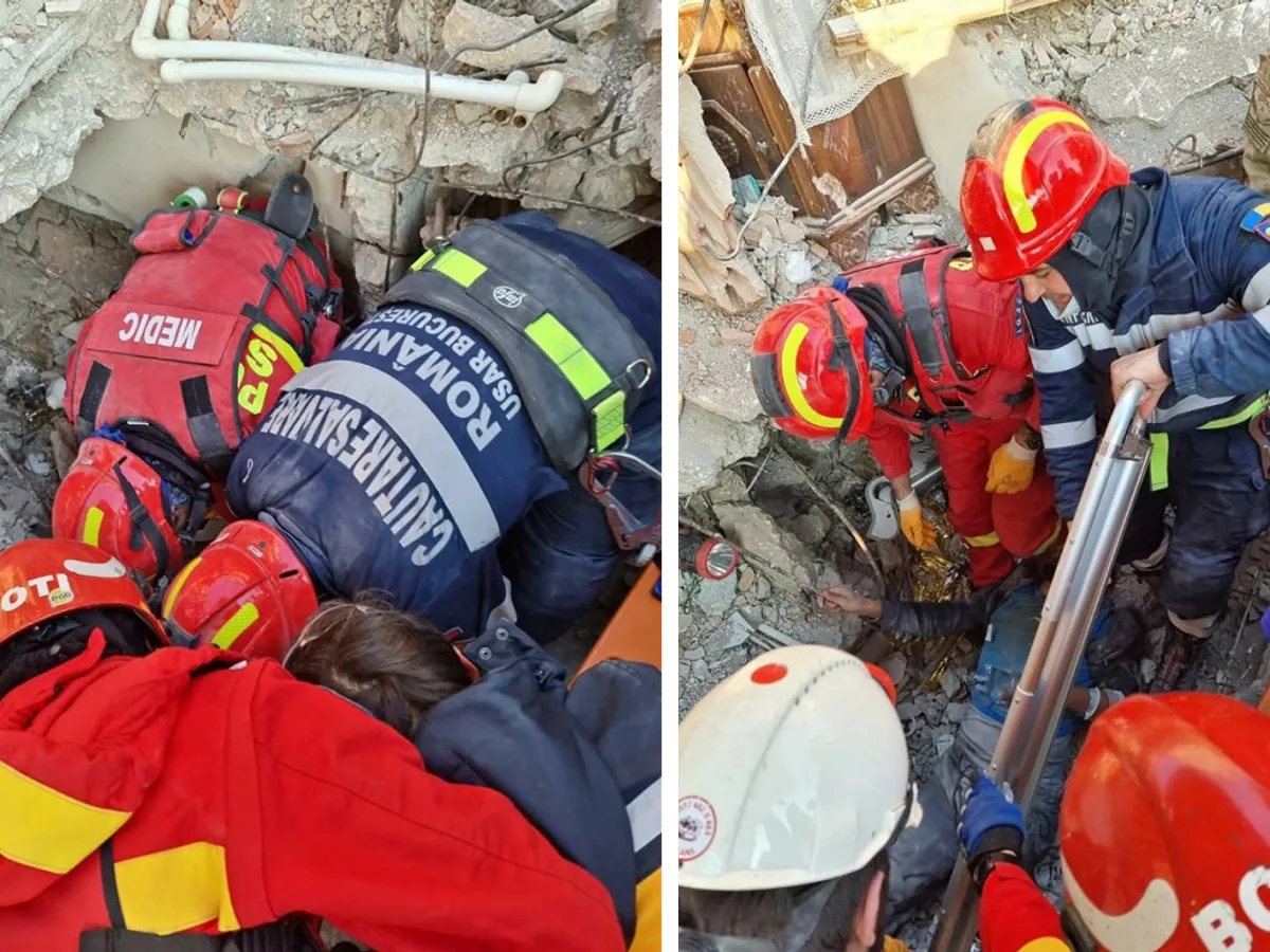 Salvatorii români au scos în viață de sub dărămături un bărbat după 7 zile îngropat în moloz - FOTO: Facebook/ IGSU