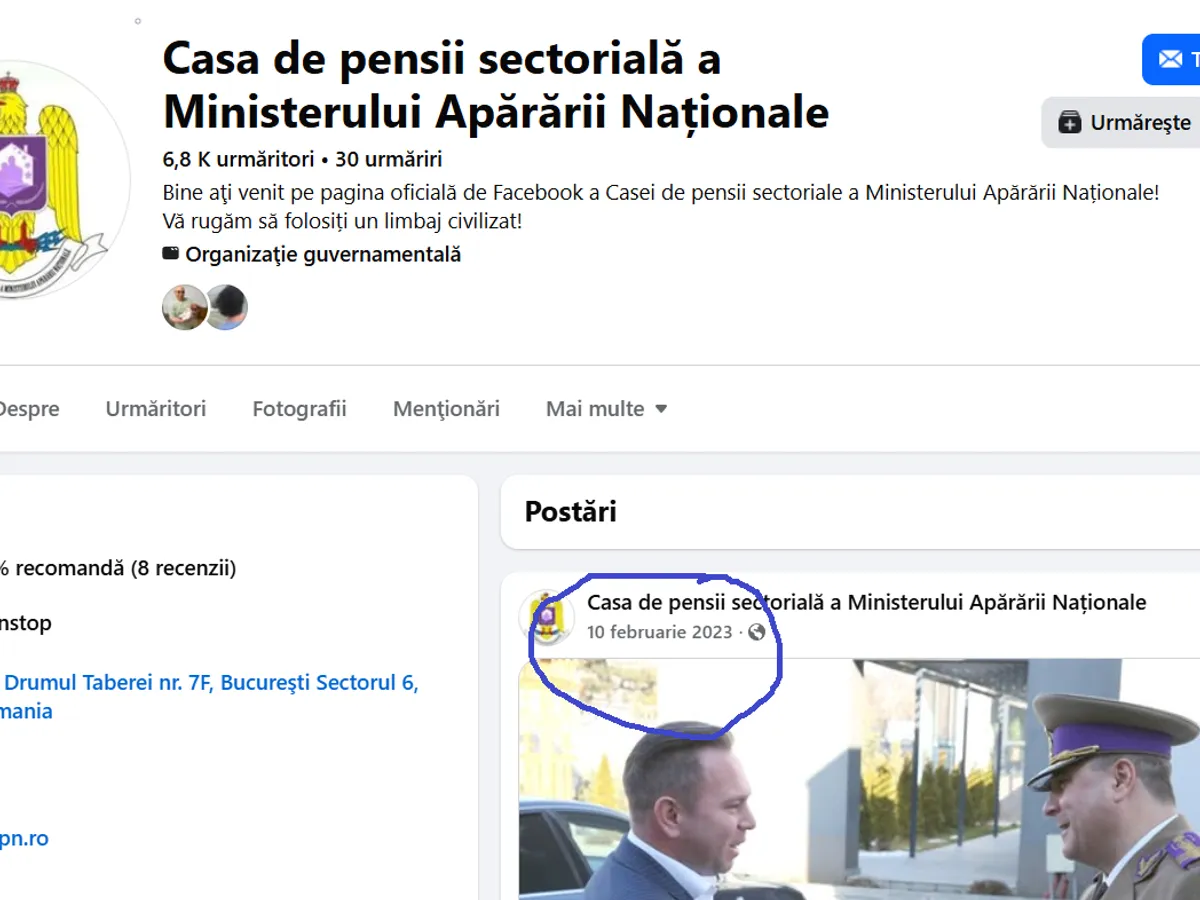 Pagina de FB a Casei de Pensii a MApN - Foto: FB