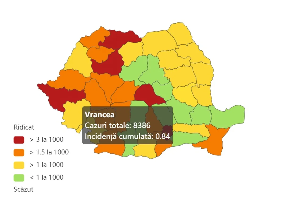 Harta ratei de infectare. Vrancea, cu 5 teste COVID pe zi, e în zona verde. Sursa imagine: datelazi.ro