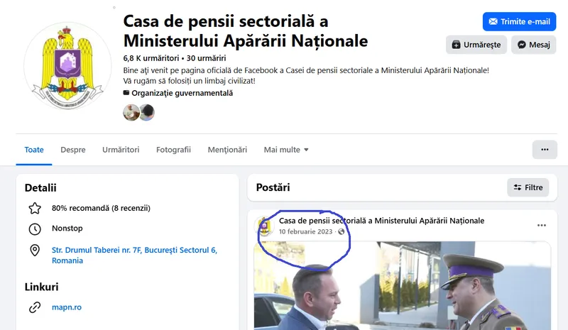 Pagina de FB a Casei de Pensii a MApN - Foto: FB