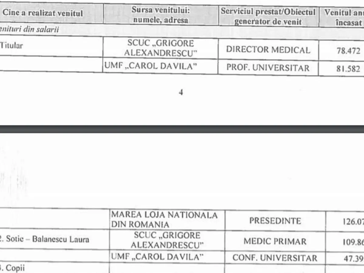 Fragment din declarația de avere a medicului Radu Bălănescu, șeful Marii Loji Naționale din România