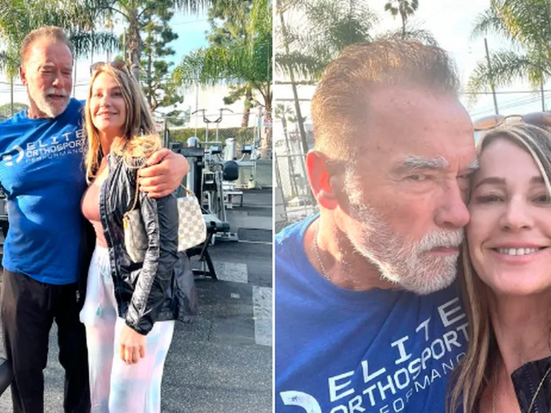 Nadia Comăneci și Arnold Schwarzenegger, la sala de sport. / Foto: Twitter/Nadia Comăneci