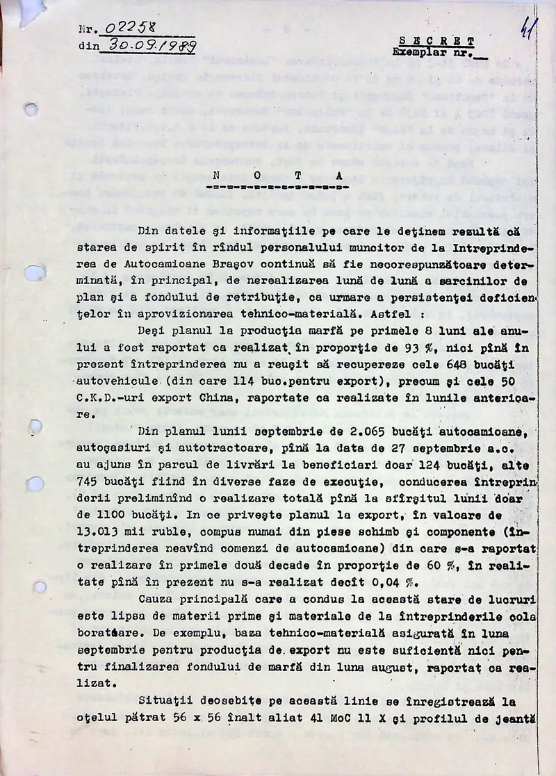 Nota Nr. 02258 a Securității din 30 septembrie 1989 despre industria din Rom&acirc;nia - Foto: Facebook / CNSAS