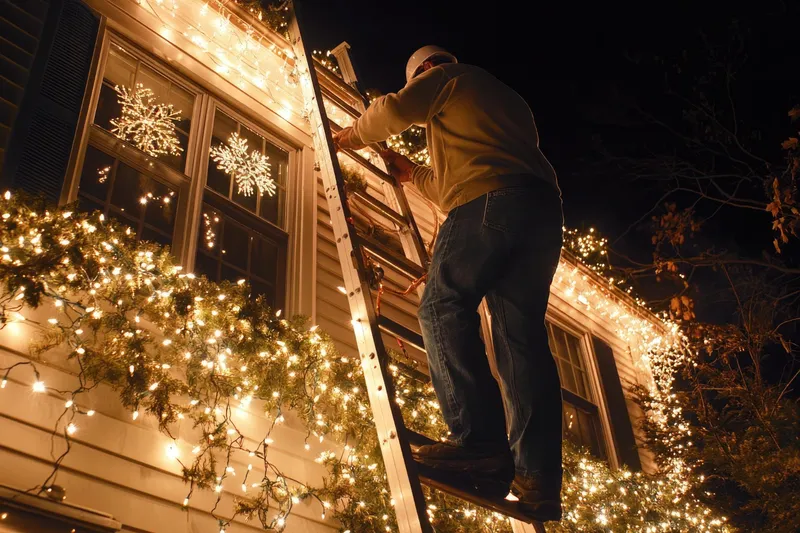 Bărbat care s-a urcat pe casă să instaleze luminițe - Foto: Freepik (Imagine cu rol ilustrativ)