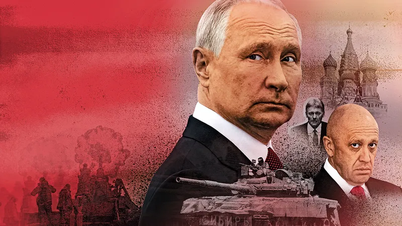 DIVERGENȚĂ  Revolta Wagner a evidențiat lipsa unui mesaj mediatic clar și coerent al Kremlinului cu privire la Ucraina.  De la stânga: Vladimir Putin, secretarul de presă al lui Putin, Dmitri Peskov, și șeful Wagner, Evgheni Prigojin