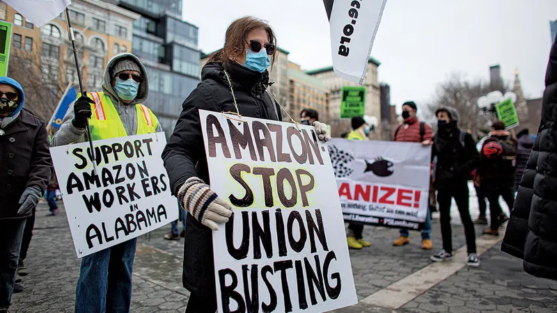 Protestatari care susțin muncitorii de la Amazon în New York