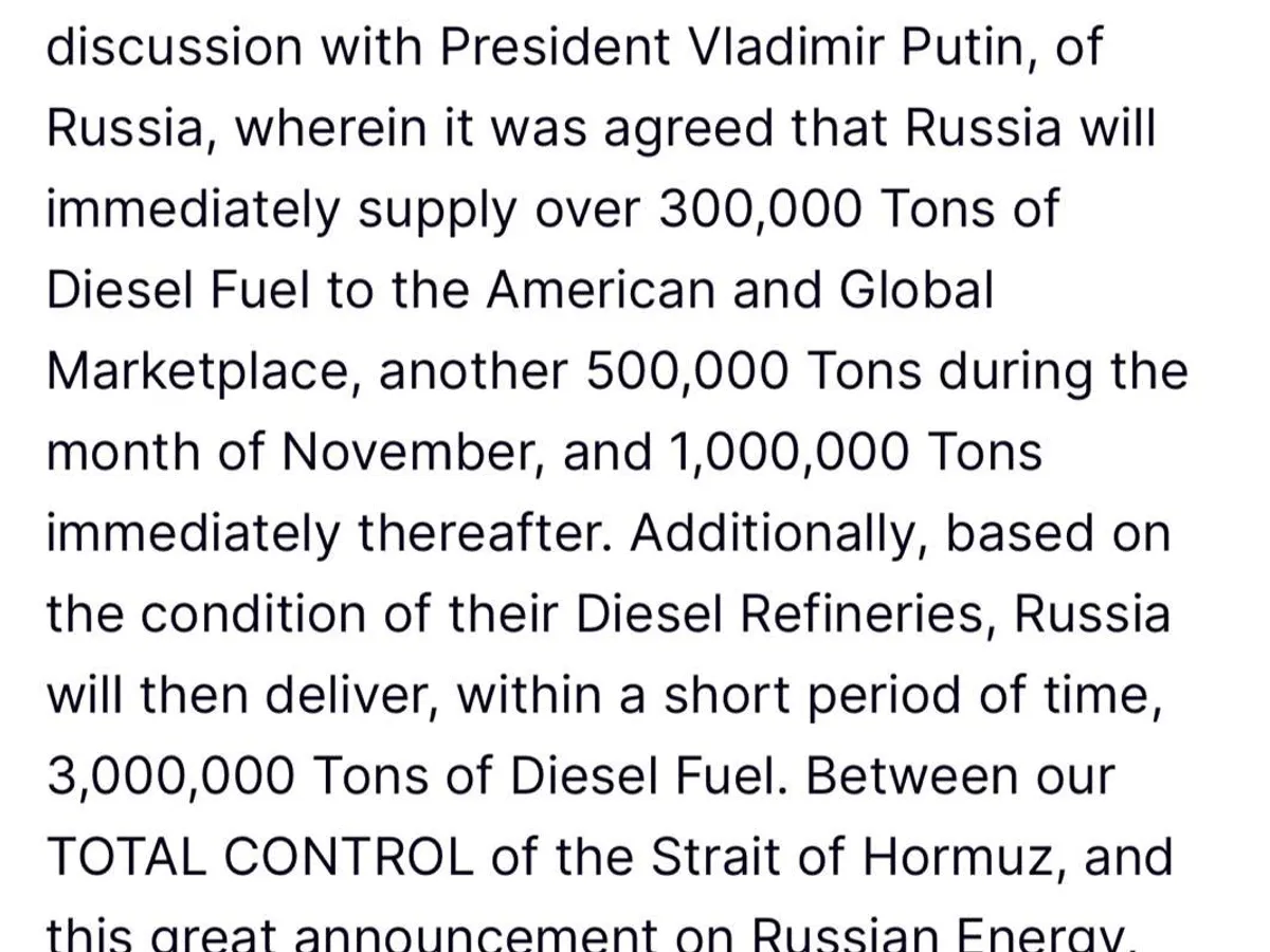 Trump a bătut palma cu Putin pentru 4.000.000.000 tone de motorină - Truth Social