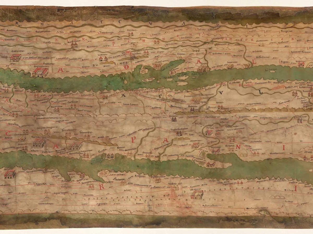 Tabula Peutingeriana, singura hartă rutieră a Imperiului Roman ce a supraviețuit. Are aproape 7 metri lungime