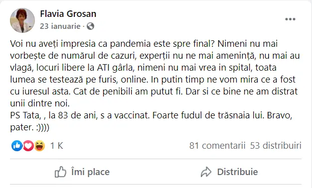 Flavia Groșan nu are scrupule să râdă chiar și de propriul tată care nu a ascultat-o și s-a vaccinat Foto: Facebook/Flavia Grosan