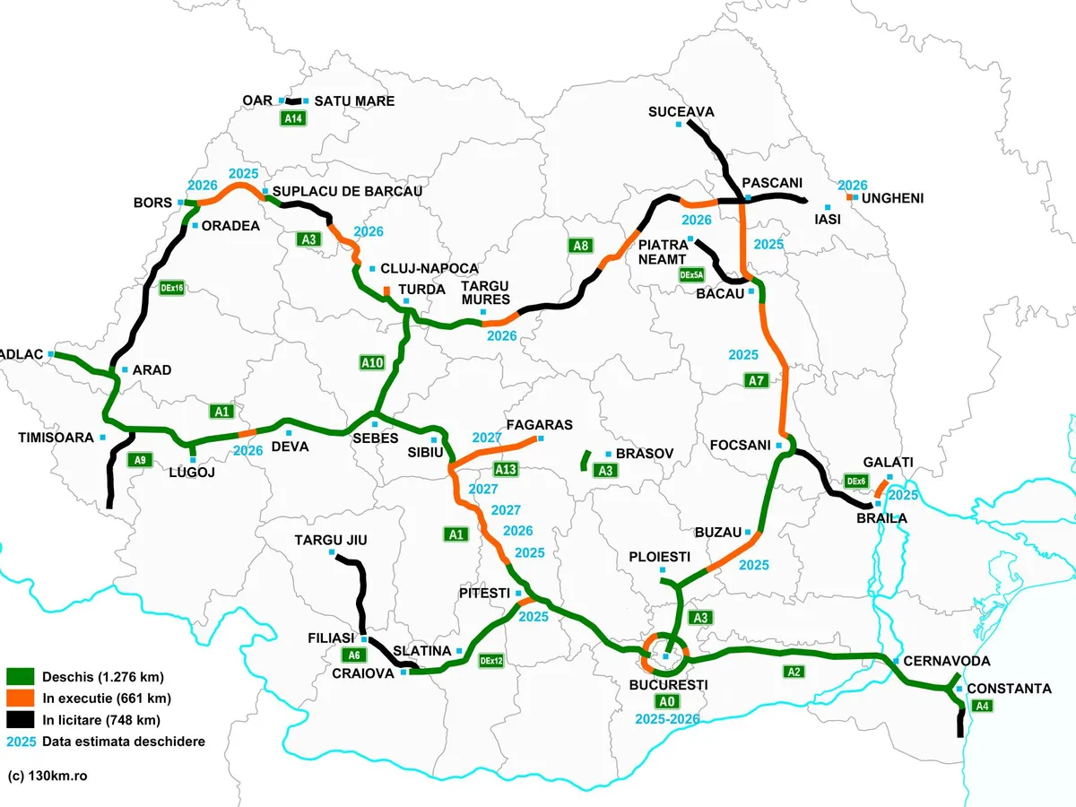 HARTĂ Starea autostrăzilor din România: 1.276 km în uz, 748 km în licitare. Câți km se fac în 2025? - Foto: 130km.ro