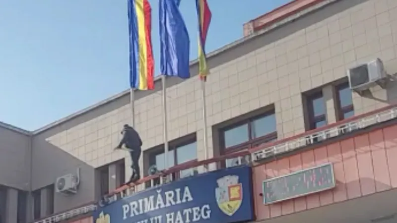 Un bărbat a spart geamurile Primăriei Hațeg cu un topor și s-a urcat pe imobil. A fost reținut. - Foto: hunedoara9.ro