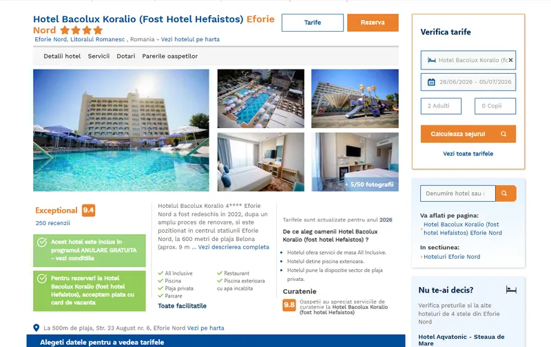 Ofertă la Hotel Koralio Eforie Nord - Foto: captură ecran