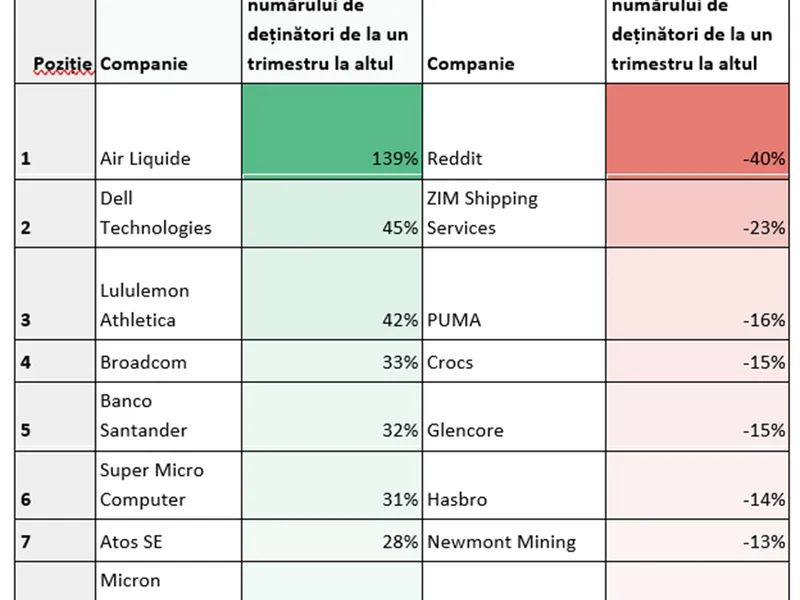 Tabel 3: Acțiunile care au înregistrat cea mai mare creștere și scădere proporțională a numărului de deținători pe platforma eToro de la un trimestru la altul Sursa: etoro