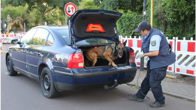 Doi români cu un VW cu numere false au lovit mașina poliției care-i urmărea în Germania. Polițiștii au folosit un câine care detectează droguri Foto: dubisthalle.de