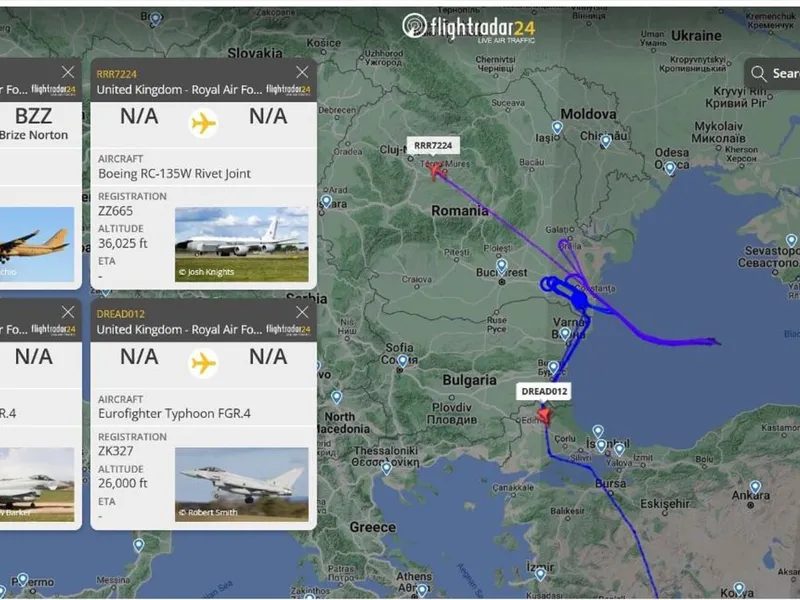 Misiune deasupra României. Avioane de spionaj escortate de Eurofighter patrulează Gurile Dunării - Foto: FlightRadar24