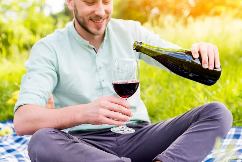 Bărbat turn&acirc;nd vin &icirc;n pahar la picnic - Foto: Freepik (Imagine cu rol ilustrativ)