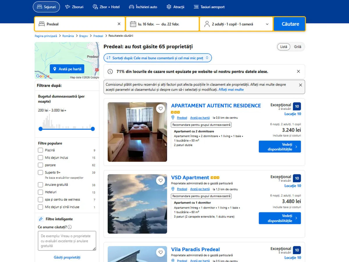 Tarife cazare Predeal, februarie 2026 - Foto: captură ecran Booking