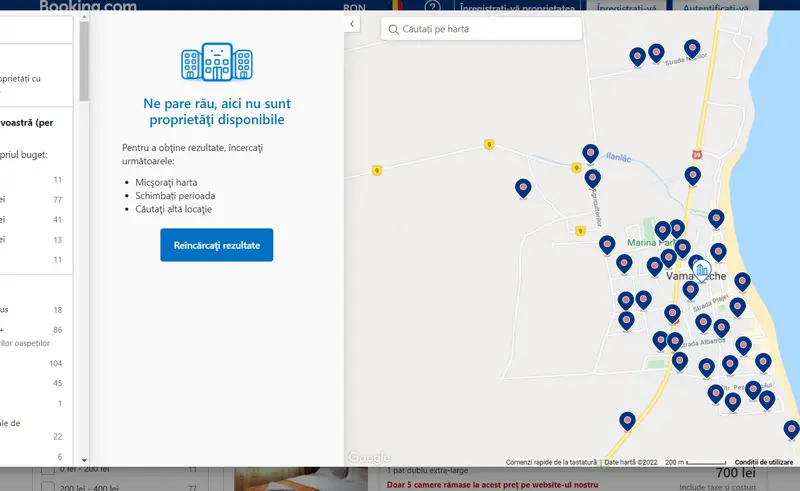 ZERO oferte disponibile de 1 Mai pe Booking în Vama Veche. / Foto: captură ecran