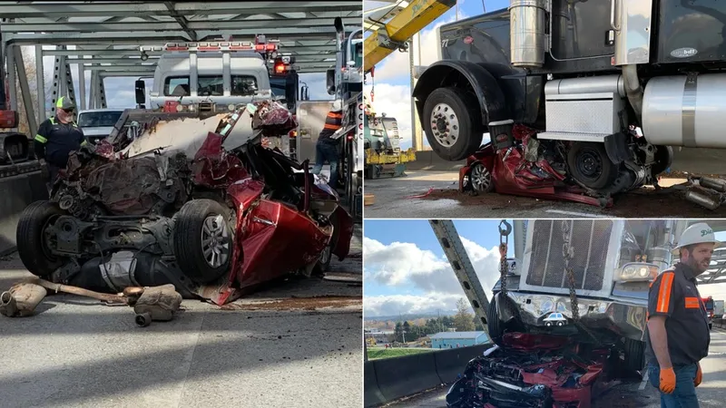 Femeia care a supraviețuit se afla în mașina de sub camion Foto: Twitter